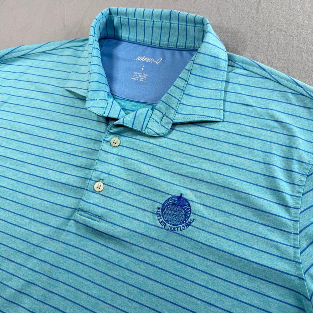 johnnie-O Polo Shirt Mens L Blue Striped Butler National Performance Golf Preppy